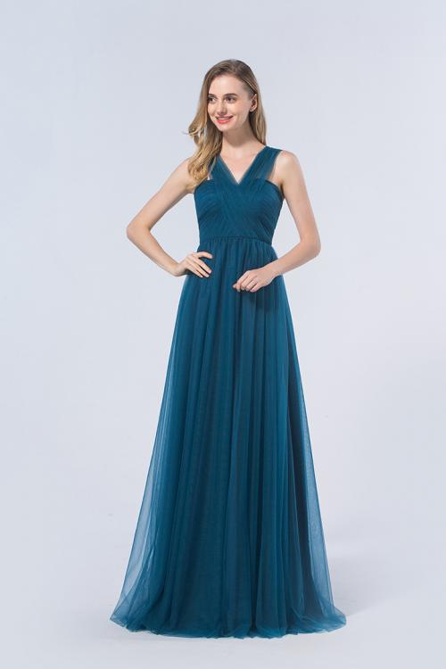 Tulle Zipper V-neck Floor-length Natural Bridesmaid Dresses