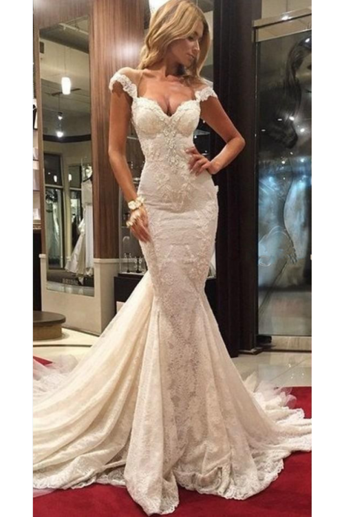 Vintage Sexy Lace Cap Sleeve Mermaid Long Wedding Dress 