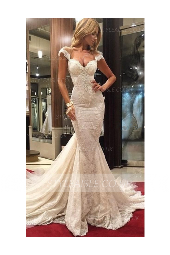 Vintage Sexy Lace Cap Sleeve Mermaid Long Wedding Dress 