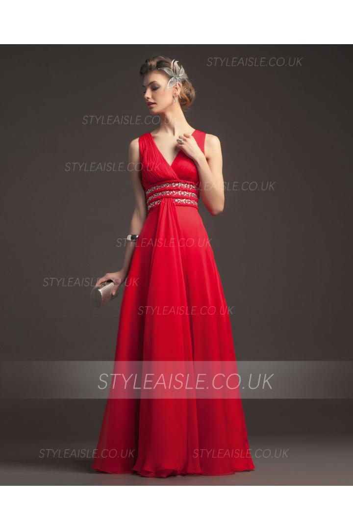 Charming A-line Straps V-neck Beading&Crystal Ruching Floor-length Chiffon Prom Dresses