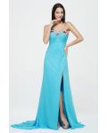 Sleeveless One Shoulder Split Long Blue Chiffon Simple Junior Prom Dress 