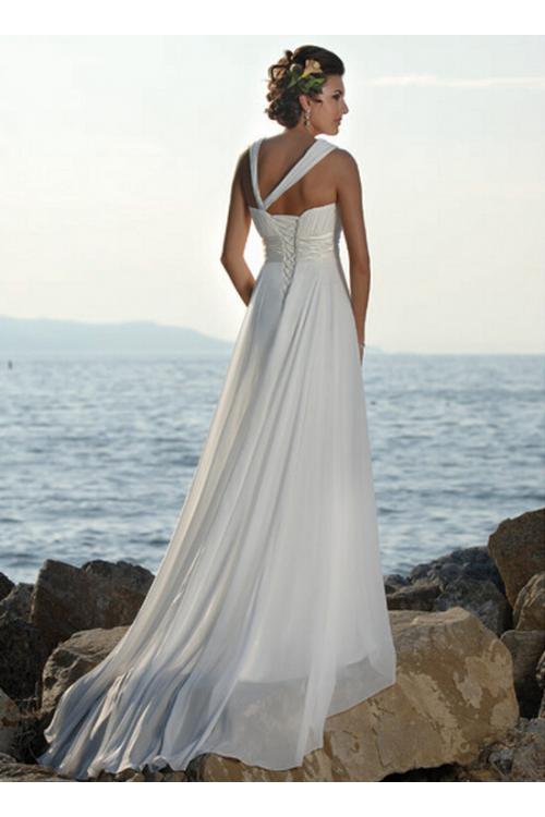 Empire Shoulder Straps Ruched Long A-line Chiffon Beach Wedding Dress with Ribbon 