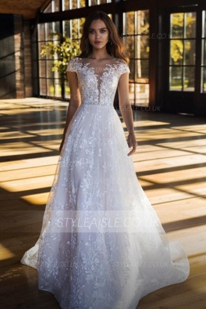 Elegant Illusion Jewel Neckline Short Sleeve Appliques Sweep Train Long Lace Wedding Dresses