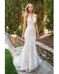 Sexy Backless V Neck Lace Patterns Long Fit Flared White Tulle Wedding Dress