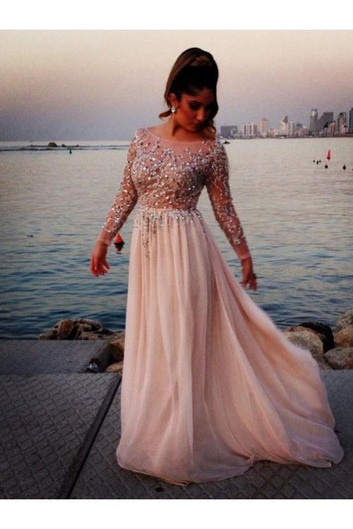 Sparkle Beaded Bodice Long Sleeved Column Chiffon Prom Dress 