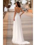  A-line Double Spaghetti Straps Sleeveless Lace Appliques Bodice Sweep/Brush Train Long Wedding Dresses with Pleated Chiffon Skirt