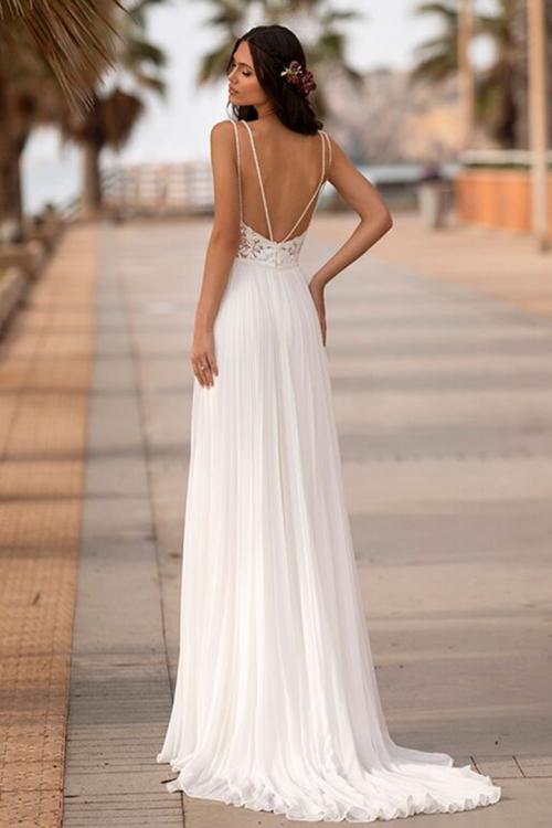  A-line Double Spaghetti Straps Sleeveless Lace Appliques Bodice Sweep/Brush Train Long Wedding Dresses with Pleated Chiffon Skirt