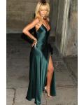 Sexy Backless Spaghetti Straps Long Split Ink Blue Satin Prom Dress 