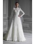 High Neck Lace Patterns Long Sleeved Ball Gown Lace Wedding Dress 