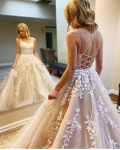  Elegant A-line Sleeveless Lace Appliques Floor-length Long Tulle Prom Dress