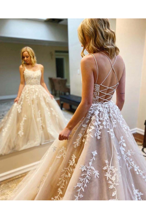  Elegant A-line Sleeveless Lace Appliques Floor-length Long Tulle Prom Dress