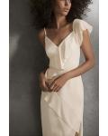  A-line Spaghetti Straps One Sleeve Ruffles Split Asymmetrical/High Low Long Chiffon Bridesmaid Dresses with Ribbon
