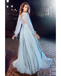  A-line V-neck Long Sleeves Lace Bodice Sashes/Ribbons Floor-length Long Chiffon Prom Dresses with Buttons Back