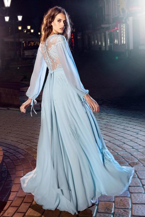  A-line V-neck Long Sleeves Lace Bodice Sashes/Ribbons Floor-length Long Chiffon Prom Dresses with Buttons Back