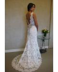 V Back Illusion Neck Sleeveless Sheath Lace Patterns Wedding Dress with Sash 