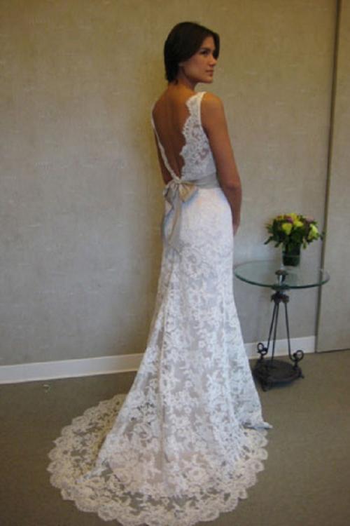 V Back Illusion Neck Sleeveless Sheath Lace Patterns Wedding Dress with Sash 
