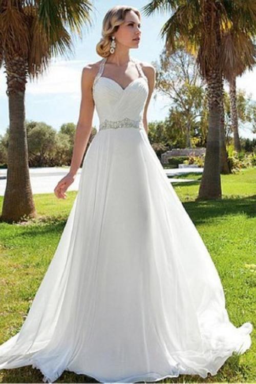 Halter Neck Beading Long A-line Chiffon Wedding Dress 