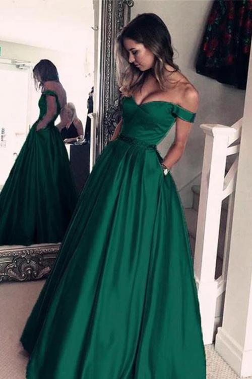 Off The Shoulder Floor-length Long Satin Evening Dresses with Pockets