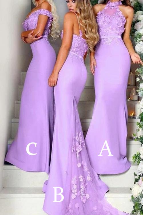 Mermaid Lace Sweep Train Long Satin Bridesmaid Dresses with 3 Styles (A/B/C)