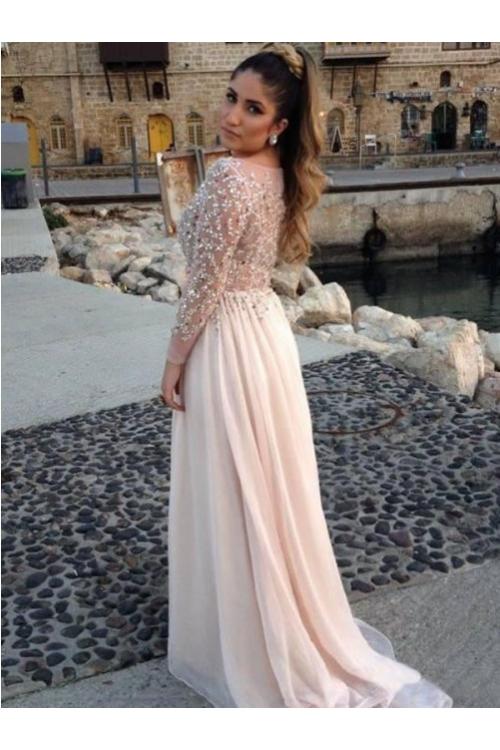 Sparkle Beaded Bodice Long Sleeved Column Chiffon Prom Dress 