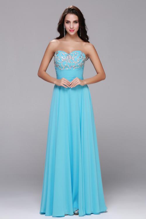 Beading Strapless Sweetheart Long Blue Chiffon A-line Prom Dress 