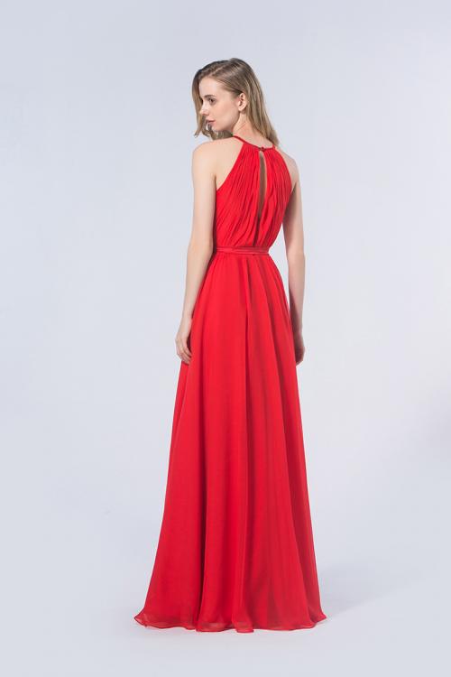 Red A-line Halter Sleeveless Long Red Chiffon Bridesmaid Dress