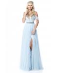 Modern Off Shoulder Long A-line Slit Prom Dress Beaded Waist