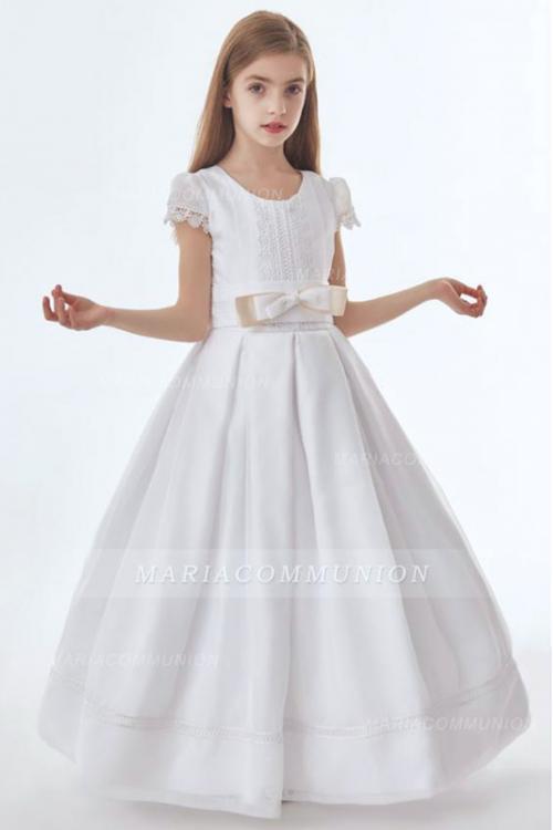 Exquisite Short Sleeve Bow(s) Lace Sashes/Ribbons Floor-length Long Organza Communion Dresses