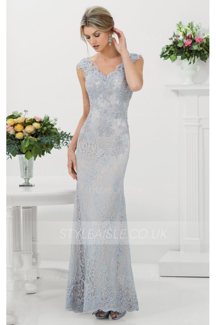 V Neckline Sleeveless Pearl Detailing floor-length lacy looks Evening Dresses