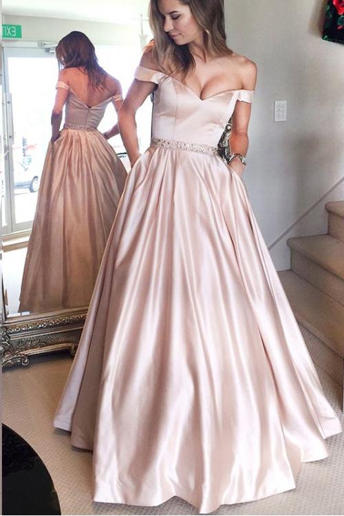 Elegant Off Shoulder Beading Long A-line Blushing Pink Prom Dress 