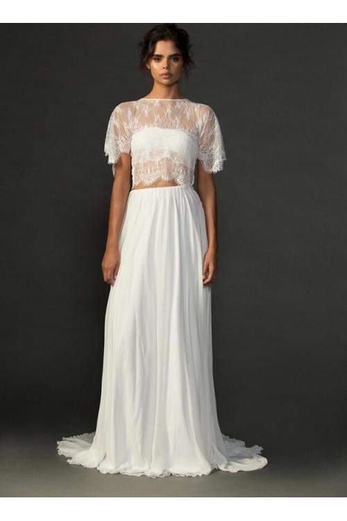 Boho Two Piece Jewel Neck Lace Top A-line Chiffon Wedding Dress 