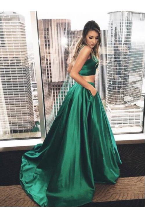 Two Piece Spaghetti Straps A-line Puffy Satin Prom Dress 