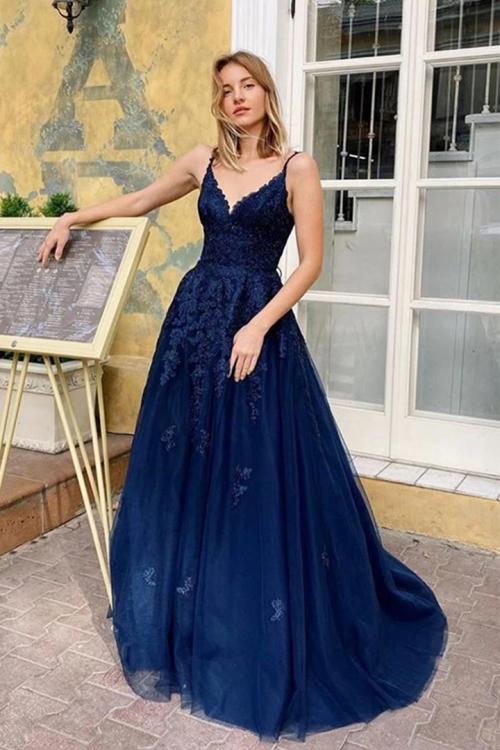 Spaghetti Straps Sleeveless Lace Appliques Floor length Long Tulle Prom Dresses