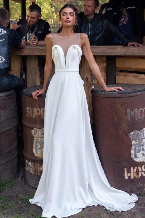  A-line Jewel Neck Sleeveless Pearl Detailing Ruffles Sweep/Brush Train Long Wedding Dresses