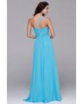 Sleeveless One Shoulder Beading Long Blue Chiffon Prom Dress 