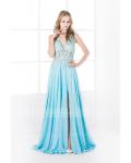 Sexy Sleeveless A-line Keyhole Back Blue Lace Chiffon Prom Dress with Slit