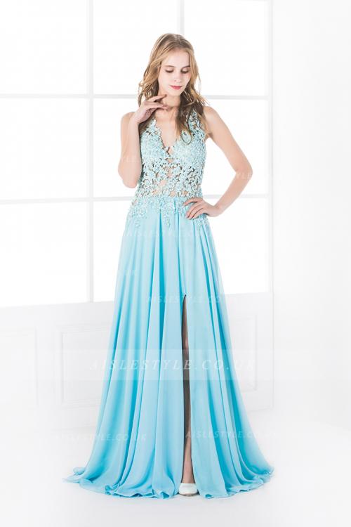 Sexy Sleeveless A-line Keyhole Back Blue Lace Chiffon Prom Dress with Slit