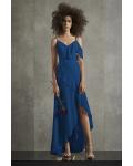  A-line Spaghetti Straps One Sleeve Ruffles Split Asymmetrical/High Low Long Chiffon Bridesmaid Dresses with Ribbon