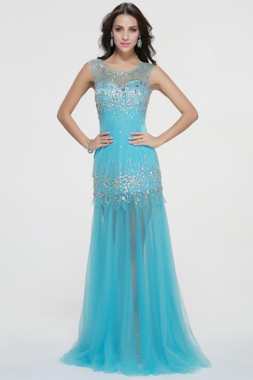 Sleeveless Illusion Neck Beading Long Trumpet Full Back Prom Dress 