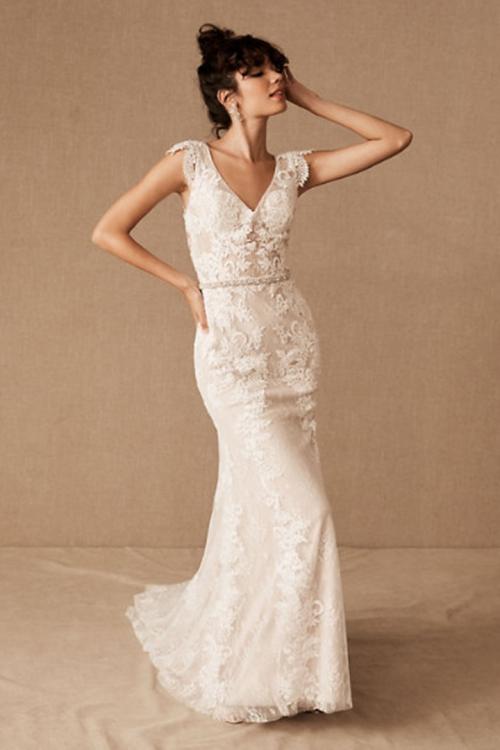 Ivory Mermaid V-neck Cap Sleeves Lace Appliques Sweep/Brush Train Long Wedding Dresses