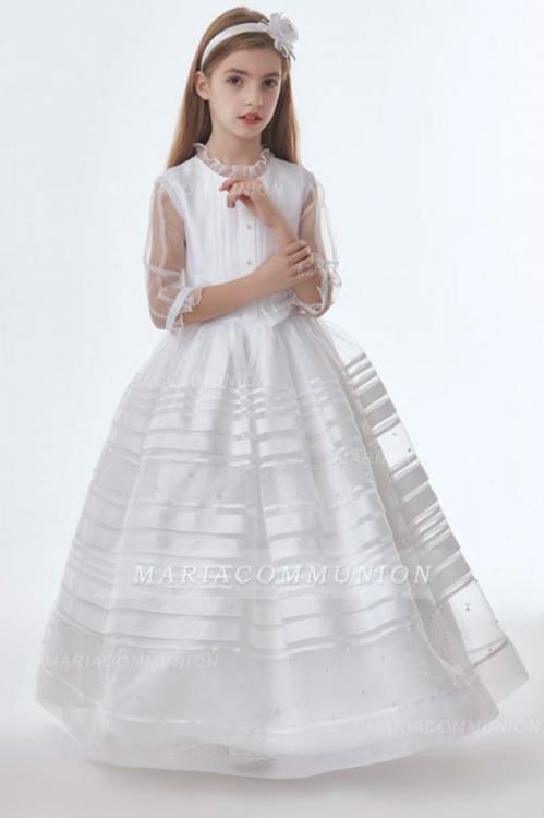 Nectarean Jewel Neck Bow(s) Pearl Detailing Floor-length Long Organza Communion Dresses