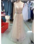 V Neck Long Tulle overlay Lace Prom Dress with Beading Belt 