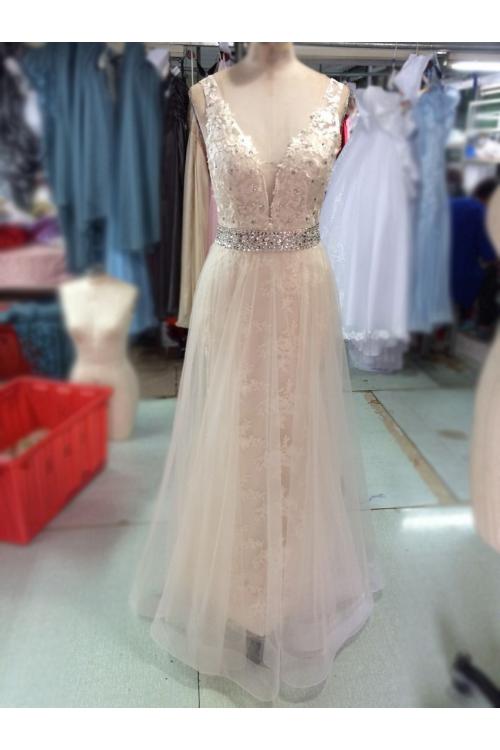 V Neck Long Tulle overlay Lace Prom Dress with Beading Belt 