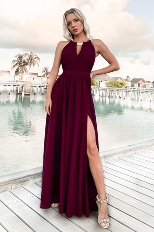 Glamorous Split Floor-length Long Chiffon Bridesmaid Dress Jewel Neckline Evening Dress