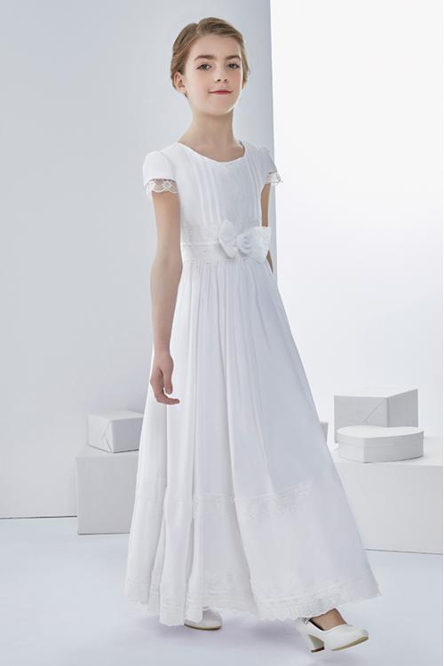 Scoop Neck A-line Long Chiffon First Communion Dress with Bow 