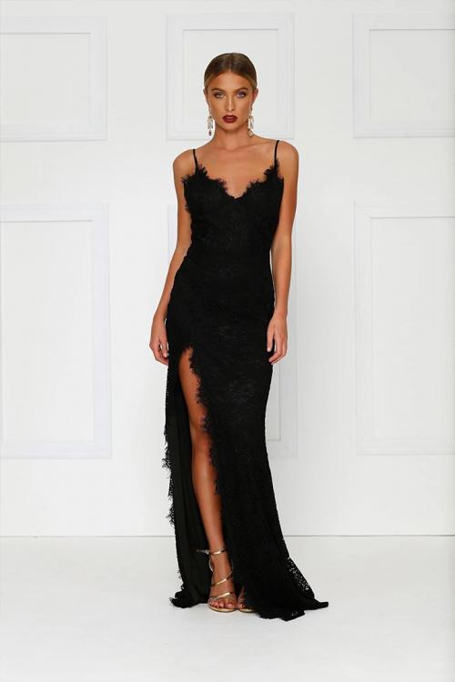  Sheath/Column Spaghetti Straps Sleeveless Lace Split Floor-length Long Black Prom Dresses