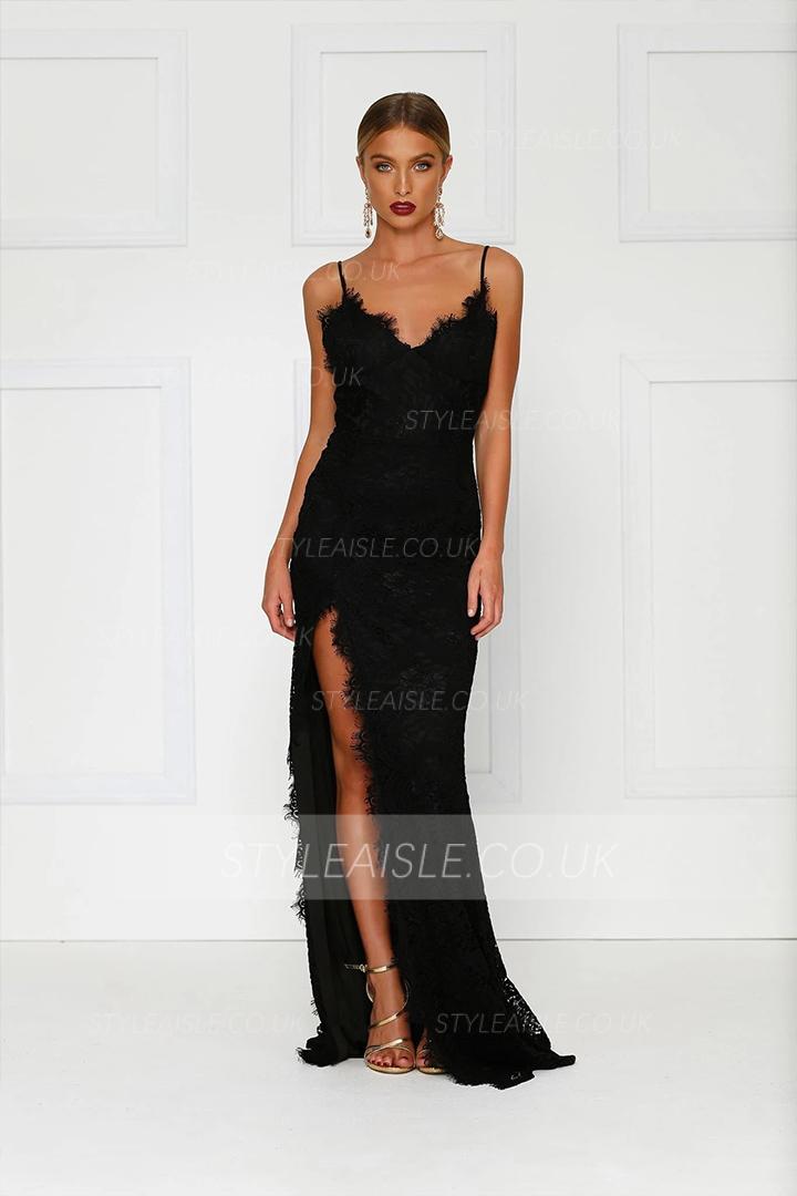  Sheath/Column Spaghetti Straps Sleeveless Lace Split Floor-length Long Black Prom Dresses