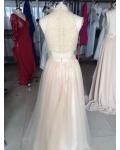 Two Piece High Neck Sparkling Long Blush Tulle Beaded Prom Dress 