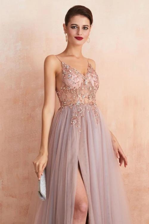  A-line V-neck Sleeveless Beading Split Floor-length Long Tulle Prom Dress