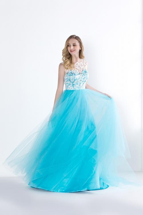 Elegant Lace Bodice Illusion Neck Long Ice Blue Tulle Prom Dress 